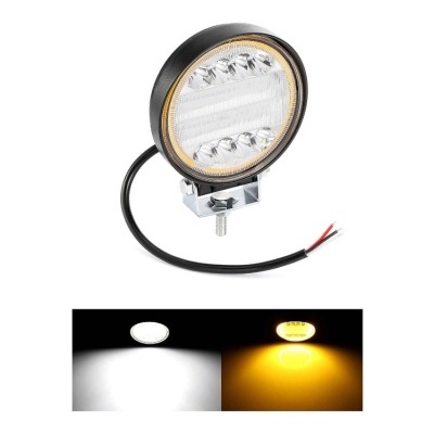 Luz redonda LED preta para veículo com suporte metálico e fio exposto