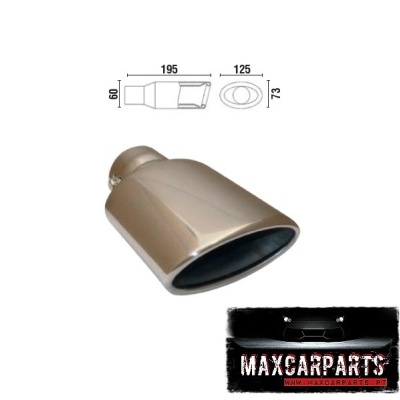 Ponteira de escape metálica cromada oval com dimensões e logo MAXCARPARTS
