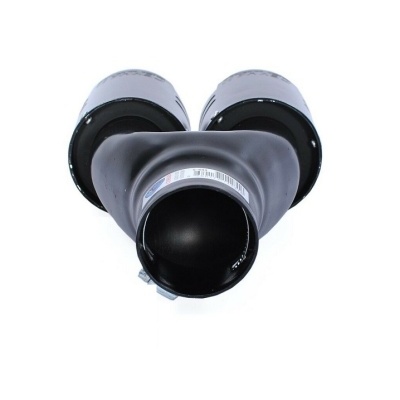 Conector em Y preto com três aberturas e etiqueta de código de barras.