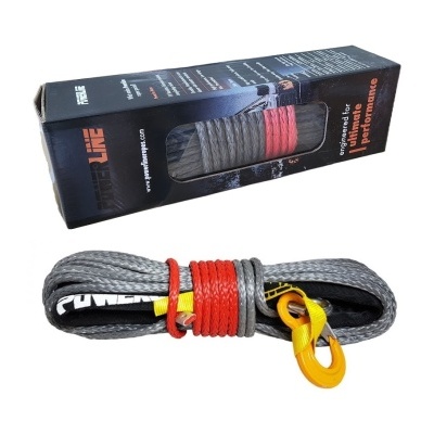 Corda sintética cinzenta para cabrestante com mosquetão amarelo e embalagem preta