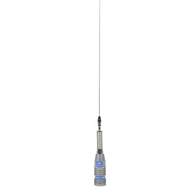 Antena metálica prateada com base cinza e detalhe azul