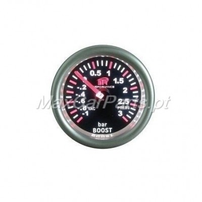 Medidor de pressão boost para automóveis, aro prateado, fundo preto, números brancos e vermelhos