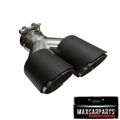 Ponteira de escape dupla em metal prateado e carbono preto com logo MAXCARPARTS