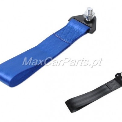 Correias automóvel azul e preta com parafuso em fundo branco