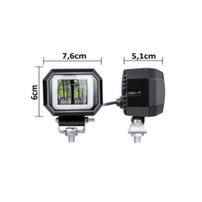 Farol quadrado preto com suporte metálico e medidas indicadas