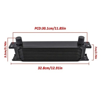 Radiador metálico preto com entradas e medidas em cm e polegadas