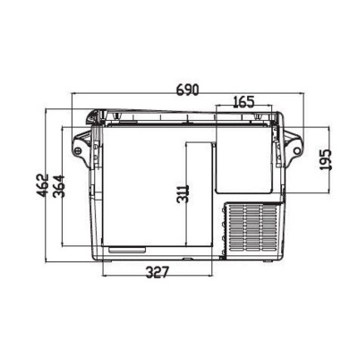 Desenho técnico de frigorífico portátil com medidas em milímetros