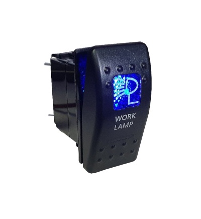 Interruptor preto pequeno com luz azul e texto WORK LAMP