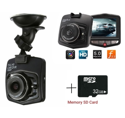 Câmara de vídeo para carro preta com suporte e cartão microSD 32GB