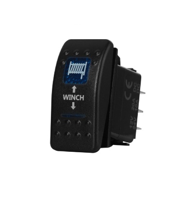 Interruptor preto para guincho com símbolo azul e texto WINCH