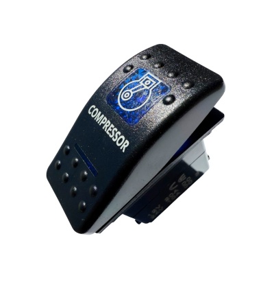 Interruptor preto com símbolo azul de compressor e texto COMPRESSOR
