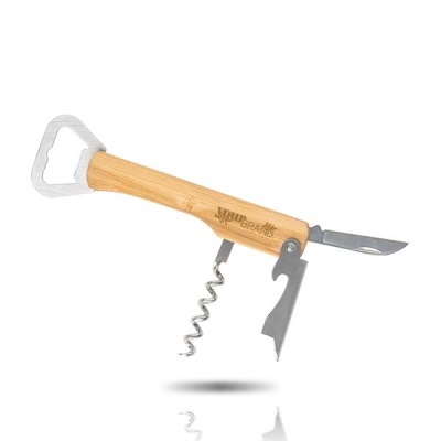 Abridor multifunções com cabo de madeira clara e componentes metálicos