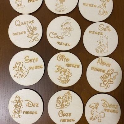 Conjunto de 12 discos de madeira com gravações de personagens Disney e texto em português indicando meses de um a doze.