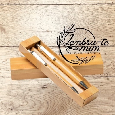 Conjunto caneta e porta minas em bambu em caixa de cartão