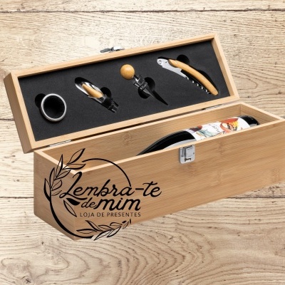 Caixa de bambu para garrafa de vinho com acessórios