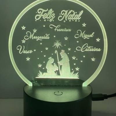 Luminária LED natalícia com texto e figuras religiosas