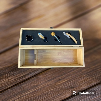 Caixa de bambu para garrafa de vinho com acessórios