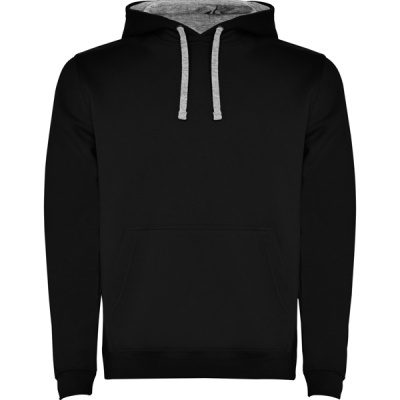 Sweatshirt preta com capuz e cordões cinzentos