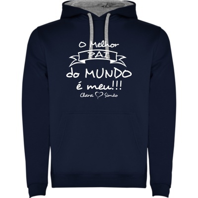 Sweatshirt azul escuro com capuz cinzento e texto branco