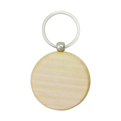Chaveiro redondo de madeira clara com argola metálica prateada