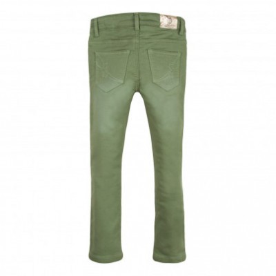 Calças verdes para criança com bolsos traseiros e etiqueta na cintura