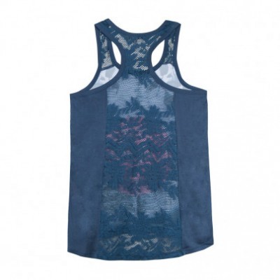 Top feminino azul escuro com costas em renda e padrão floral