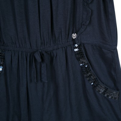 Vestido ou túnica azul escuro com lantejoulas pretas e botão prateado