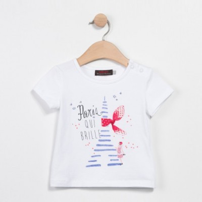 T-shirt branca de bebê com estampado da Torre Eiffel e texto Paris QUI BRILLE