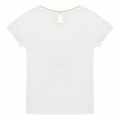 T-shirt branca de manga curta com recorte em gota e laço nas costas