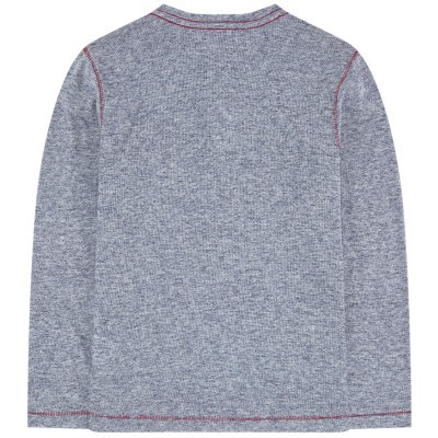 Camisola cinzenta de manga comprida com costuras vermelhas vista de trás