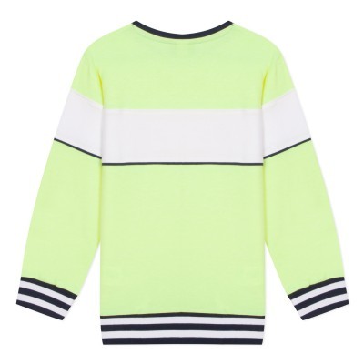 Camisola de malha com riscas verde limão, branco e pretas