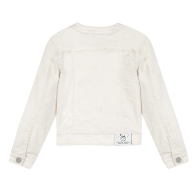 Casaco branco de ganga com etiqueta branca e botões prateados