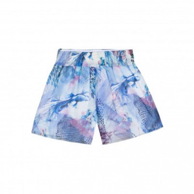 Calções com padrão azul, rosa e branco, cintura elástica