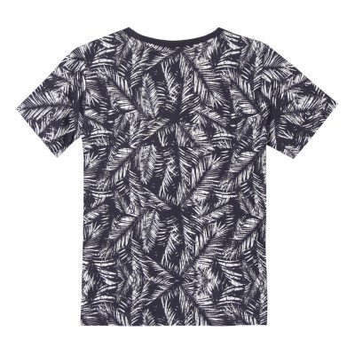 T-shirt preta com padrão de folhas brancas vista de costas