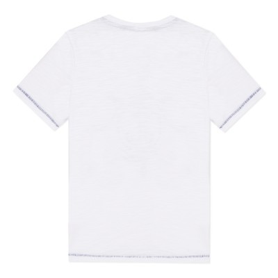 T-shirt branca de manga curta vista pelas costas com costuras cinza