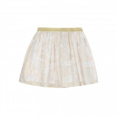 Saia curta feminina com padrão floral e faixa dourada na cintura