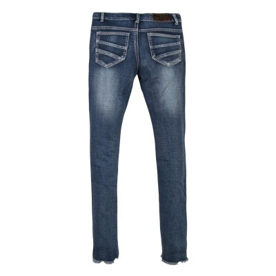 Calças de ganga azuis com bolsos traseiros e bainhas desfiadas