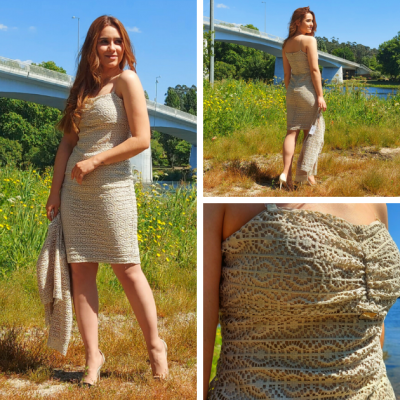 Vestido bege rendado e casaco Roberta Biagi