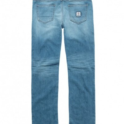 Calças de ganga azuis claras de costas com bolsos e selo quadrado