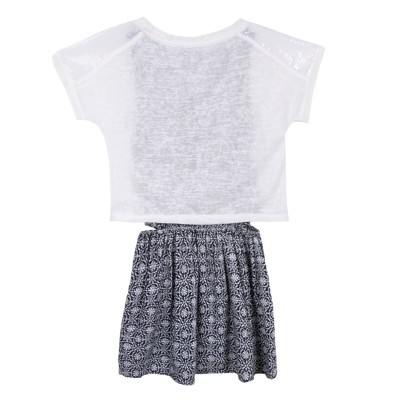 Conjunto criança t-shirt branca transparente e saia com padrão azul escuro e branco