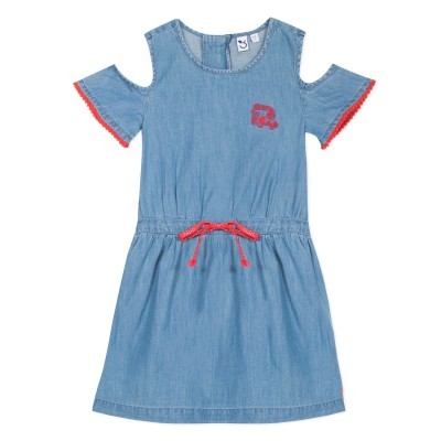 Vestido infantil azul claro em tecido denim com pormenores vermelhos