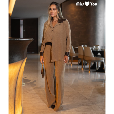 Conjunto Feminino fluído Bege – Camisa e Pantalona Miss You