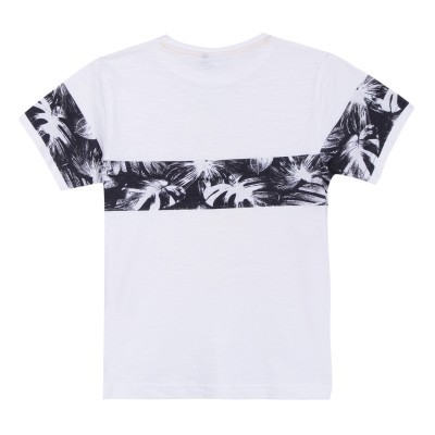 T-shirt branca com risca e mangas com padrão de folhas preto e branco