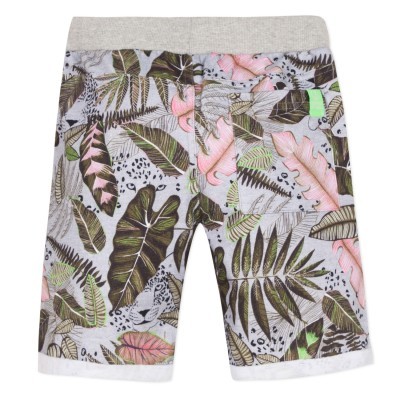 Calções tropicais com folhas verdes e rosa e cós cinzento.