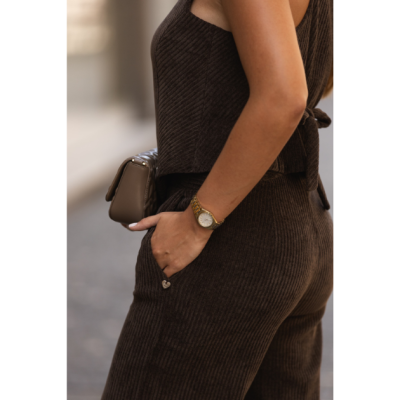 Conjunto feminino em bombazine castanho - Colete e calças