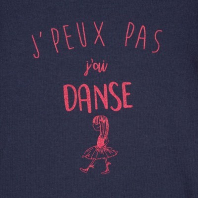 Estampa num tecido azul escuro com texto em francês e bailarina rosa