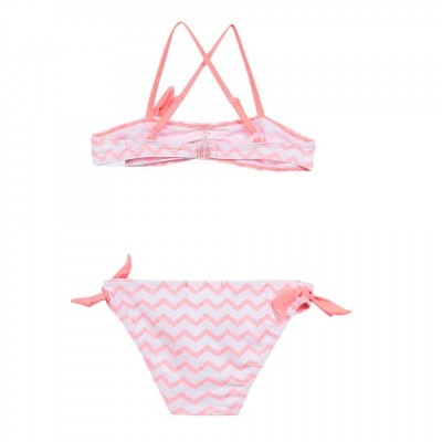 Fato de banho cor-de-rosa e branco com padrão de riscas em espinha para criança