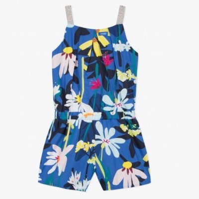 Macaquinho azul com padrão floral e alças brilhantes