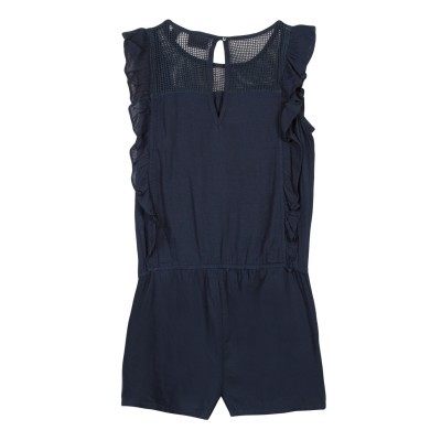macacão curto azul escuro para mulher com mangas curtas esfarrapadas e tecido de malha na parte superior