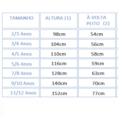 Criança com roupa casual azul e bege ao lado de tabela de tamanhos para idades 2 a 12 anos.